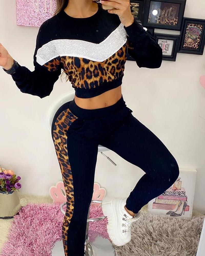 

Studded Cheetah Print Colorblock Top & Pants Set, Black
