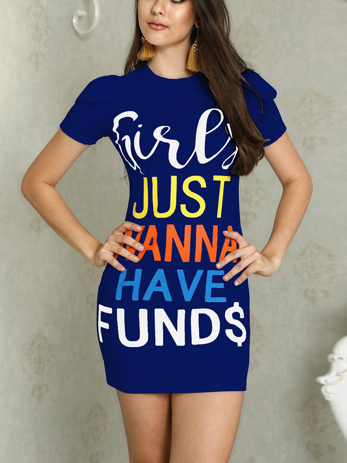 

Splicing Ruffles Letter Print T-shirt Dress, Blue