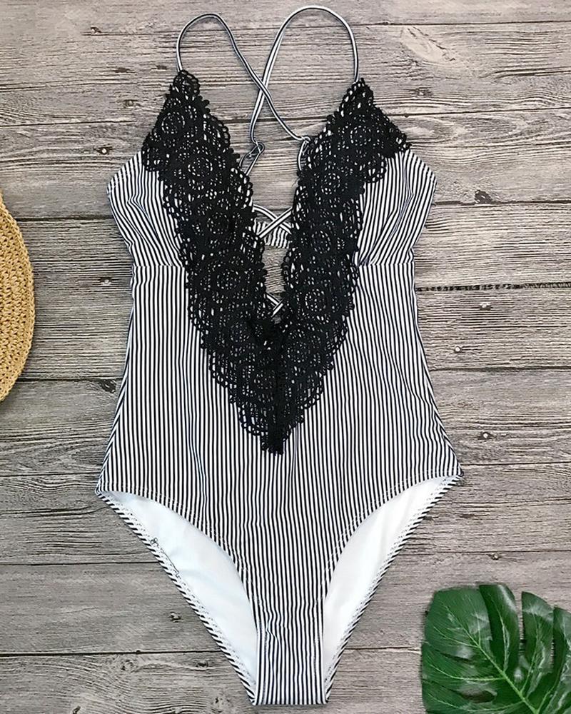 

Halter Lace Trim One-Piece Swimsuit, White
