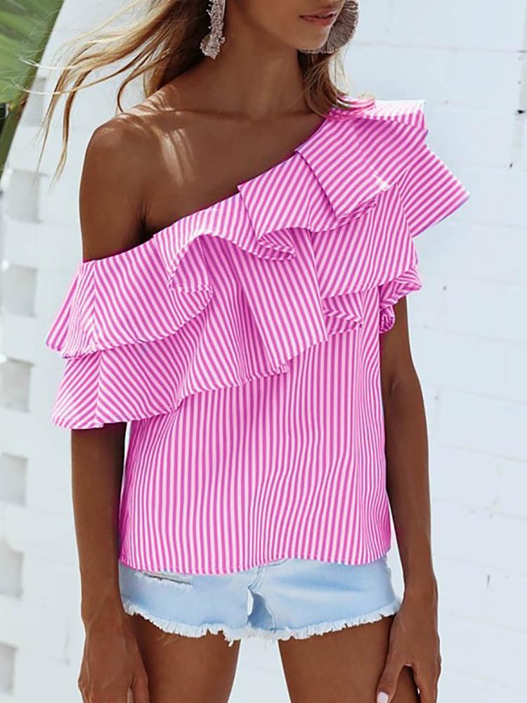 

Fashion Ruffles Skew Neck Vertical Stripes Blouse