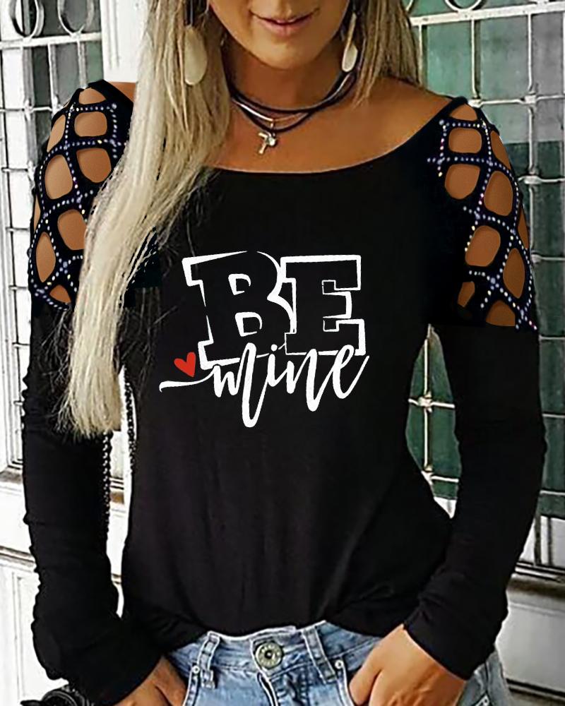 

Letter Print Studded Cutout Long Sleeve Top, Black