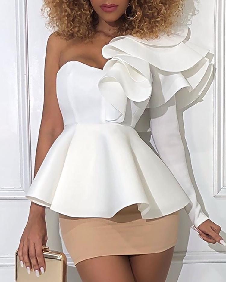 

One Shoulder Layered Ruffles Blouse, White