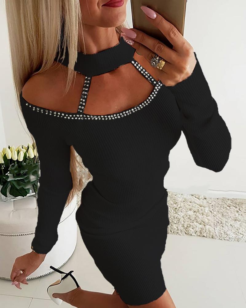 

Studded Detail Cold Shoulder Bodycon Dress, Black