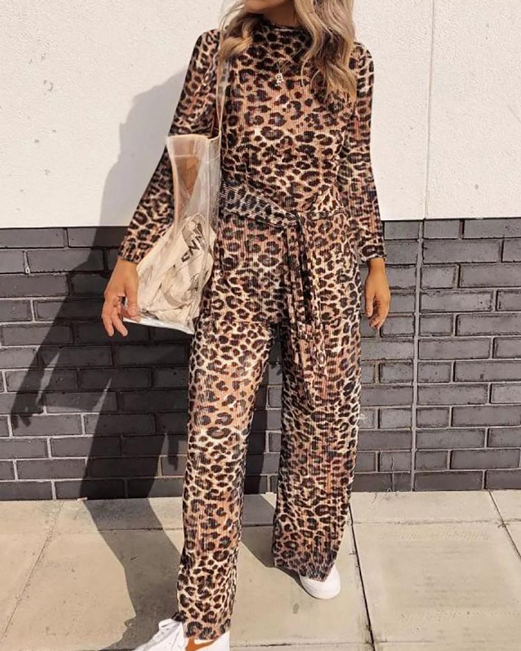 

Leopard Long Sleeve Belted Jumpsuits