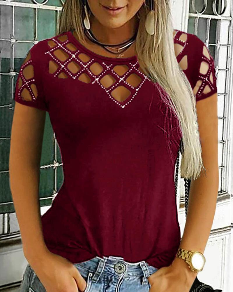 

Studded Grid Hollow Out Casual Top, Dark red