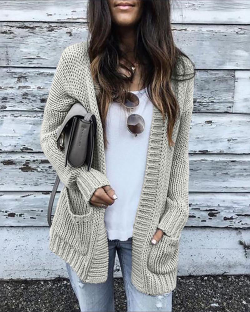

Solid Long Sleeve Pocket Design Casual Cardigan, Khaki