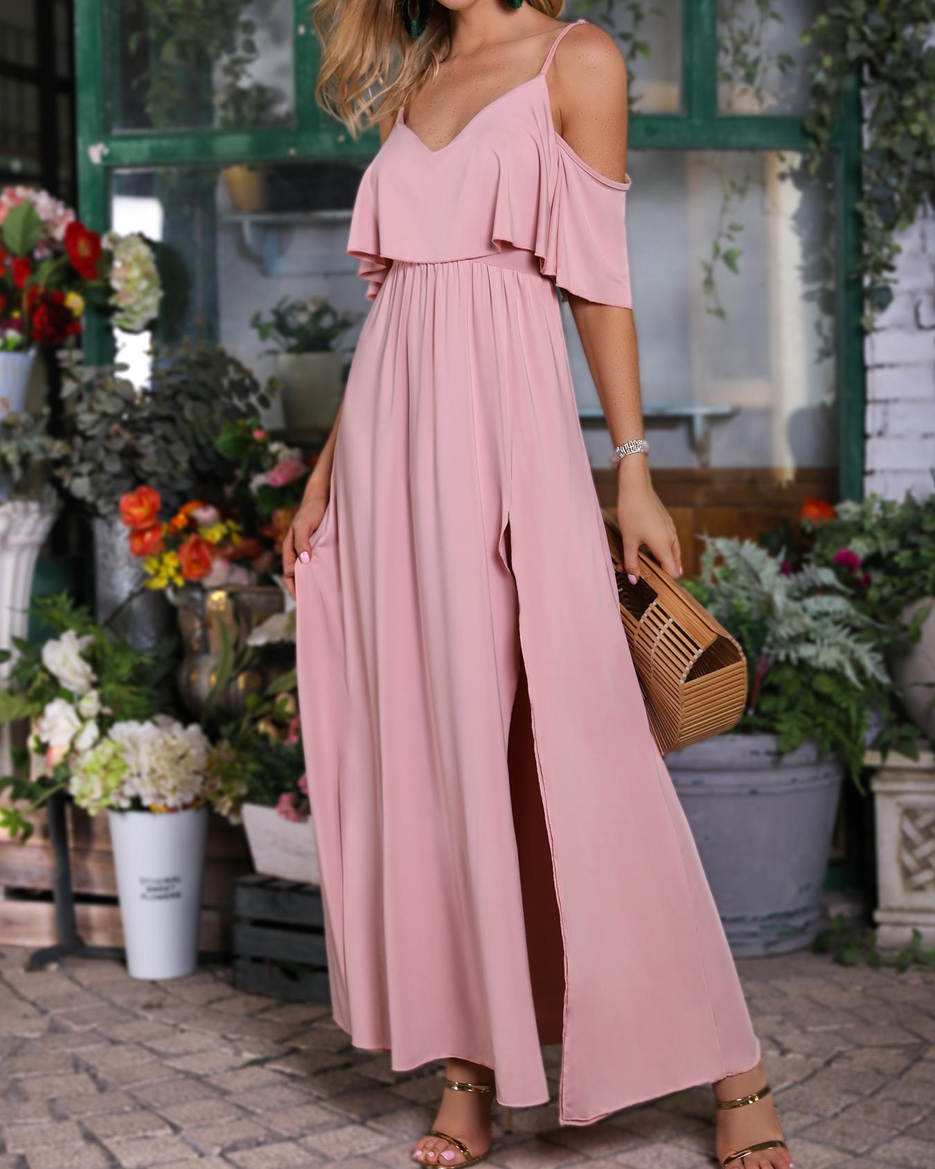 

Solid Cold Shoulder Thigh Slit Maxi Dress, Pink