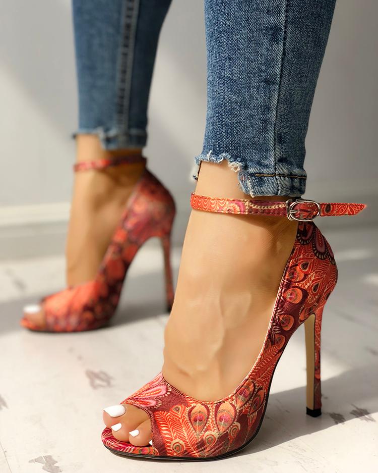 

Peacock Feather Print Ankle Strap Thin Heeled Sandals