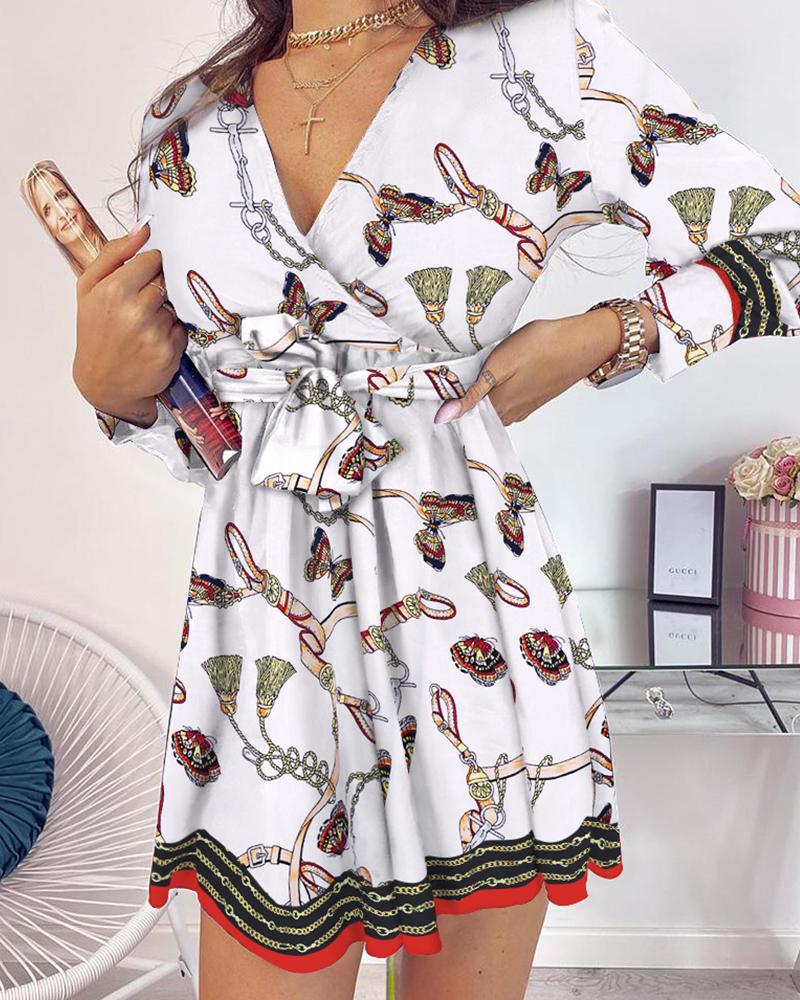 

V-neck Butterfly Print Knotted Dress, White