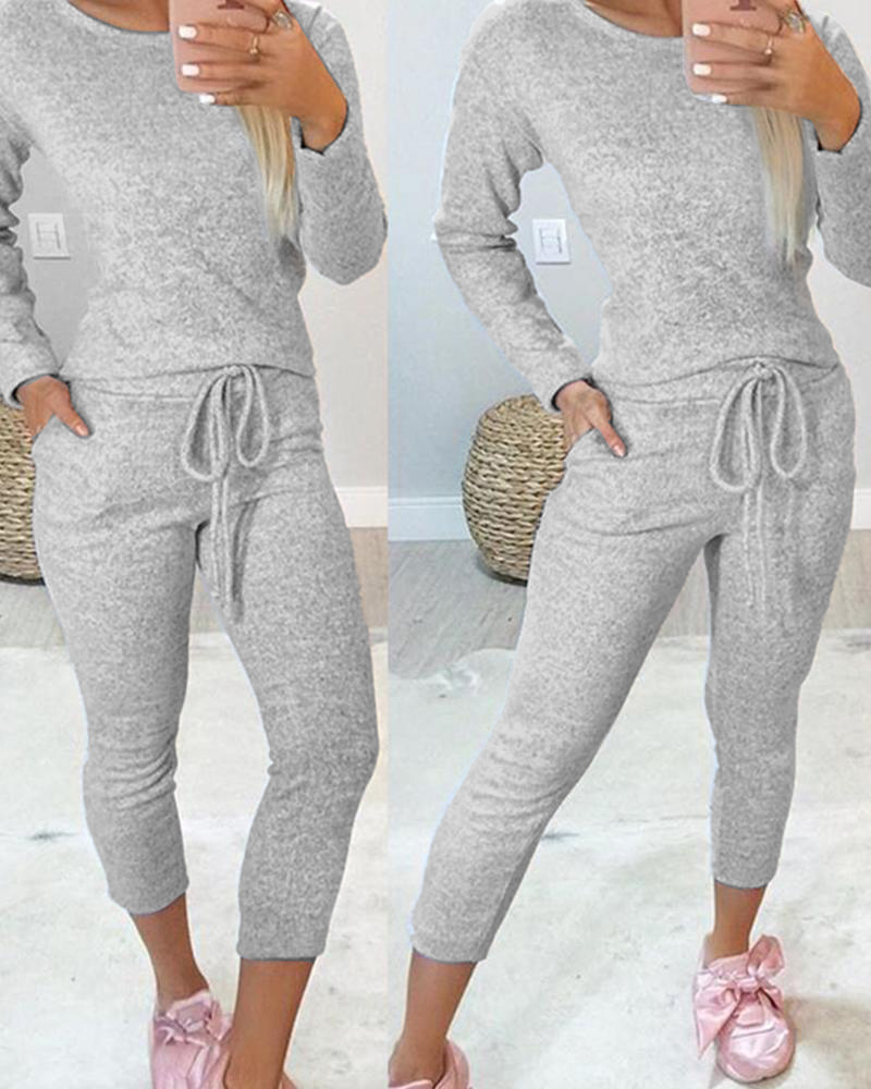 

Plain Bowknot Decor Long Sleeve Top & Drawstring Pants Set, Gray