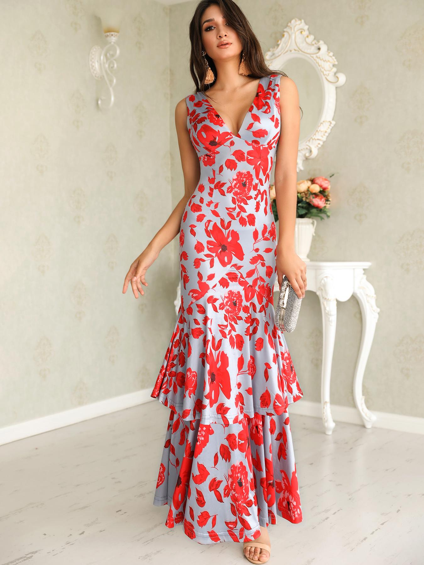 

Floral Plunge Ruffles Layered Hem Evening Dress