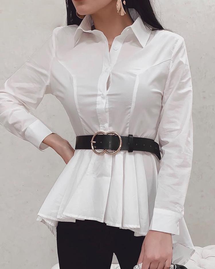 

Ruched Button Up Dip Hem Blouse, White
