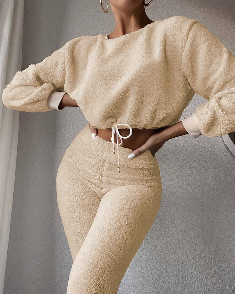 

Teddy Drawstring Crop Top & Pants Set, Apricot