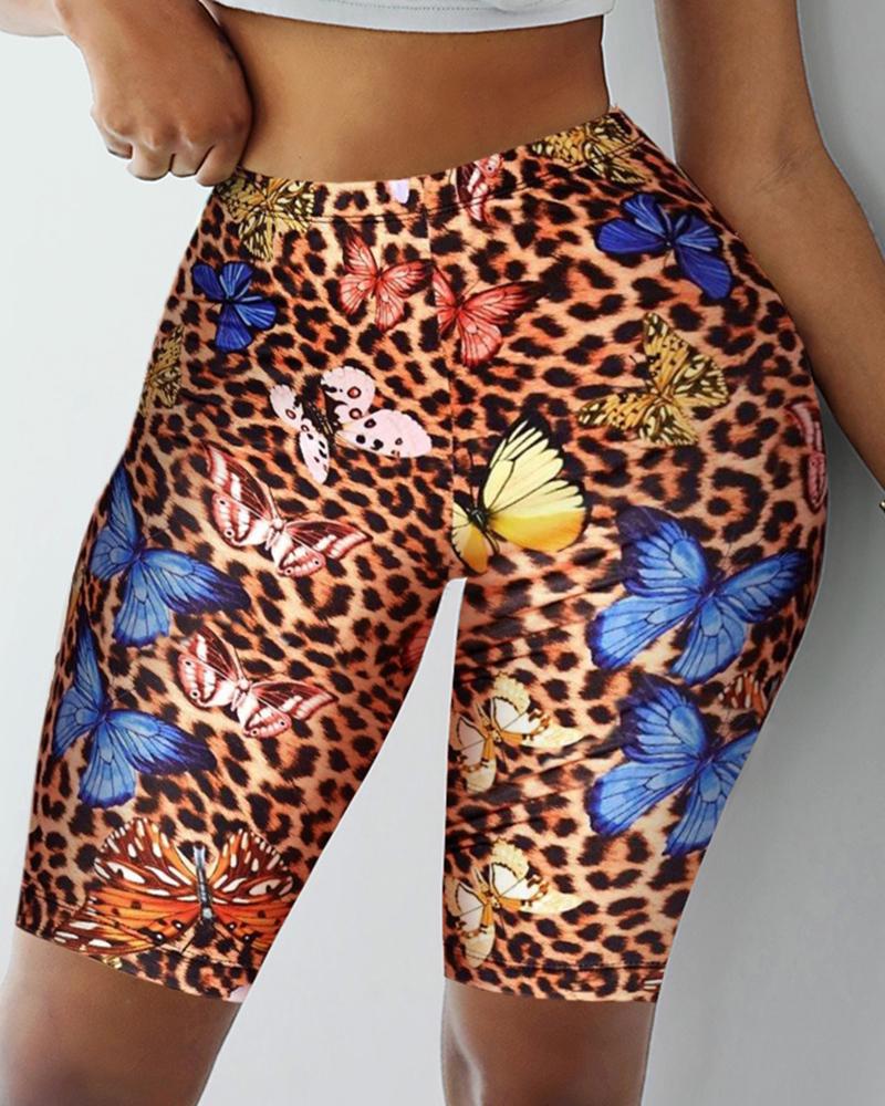 

High-Rise Butterfly Cheetah Print Yoga Biker Shorts, Leopard