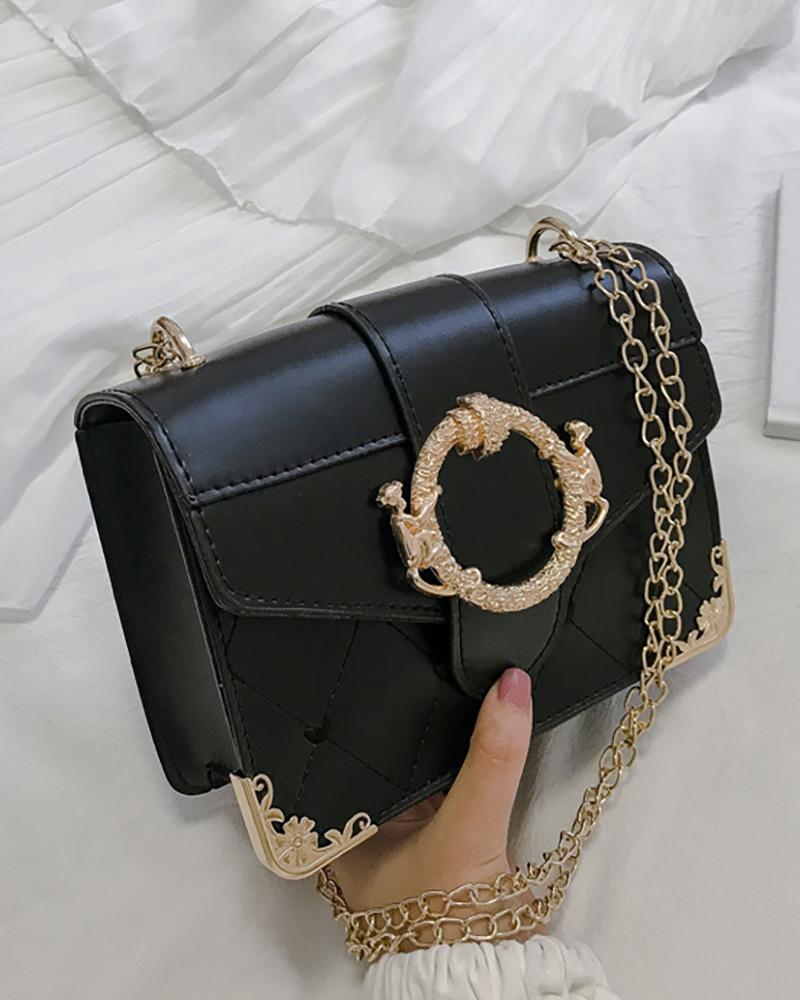 

Metal Decor Flap Chain Crossbody Bag, Black