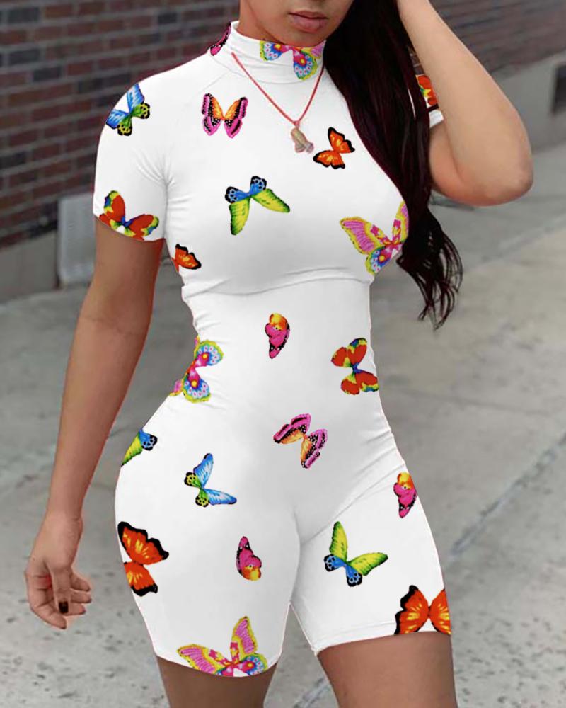 

Mock Neck Butterfly Print Romper, White