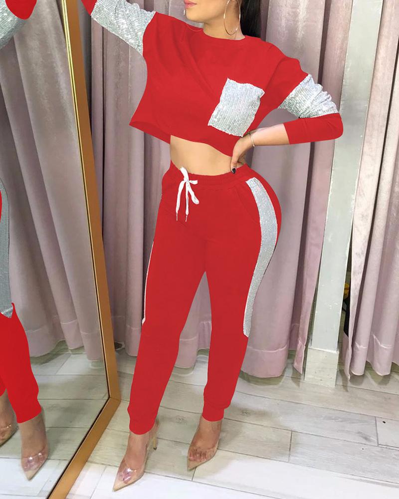 

Sequins Insert Top & Drawstring Pants Sets, Red