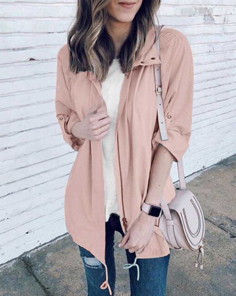 

Solid Turn-down Collar Zipper Design Coat, Pink