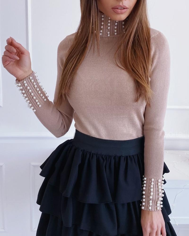 

Beaded Long Sleeve Knitting Sweater, Apricot