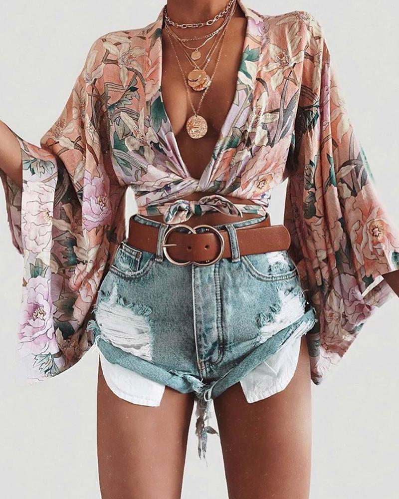 

Deep V Neck Long Sleeve Floral Bandage Tops, Pink