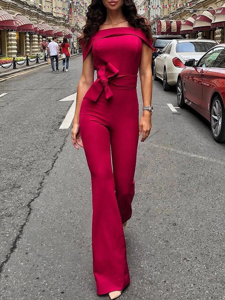 

Fold Over Off Shoulder Tied Waist Jumpsuit