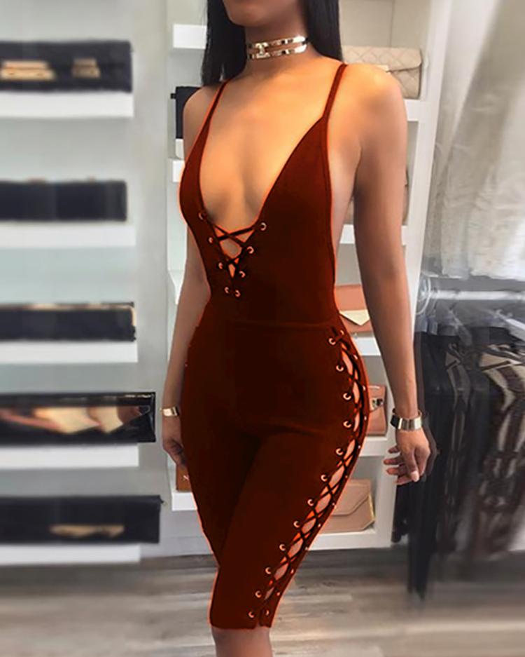 

Sexy Low Cut Lace-up Open Back Slinky Romper, Black