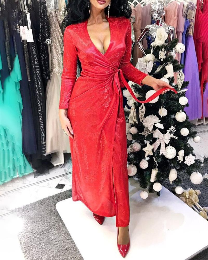 

Studded Tied Waist Slit Dress, Red