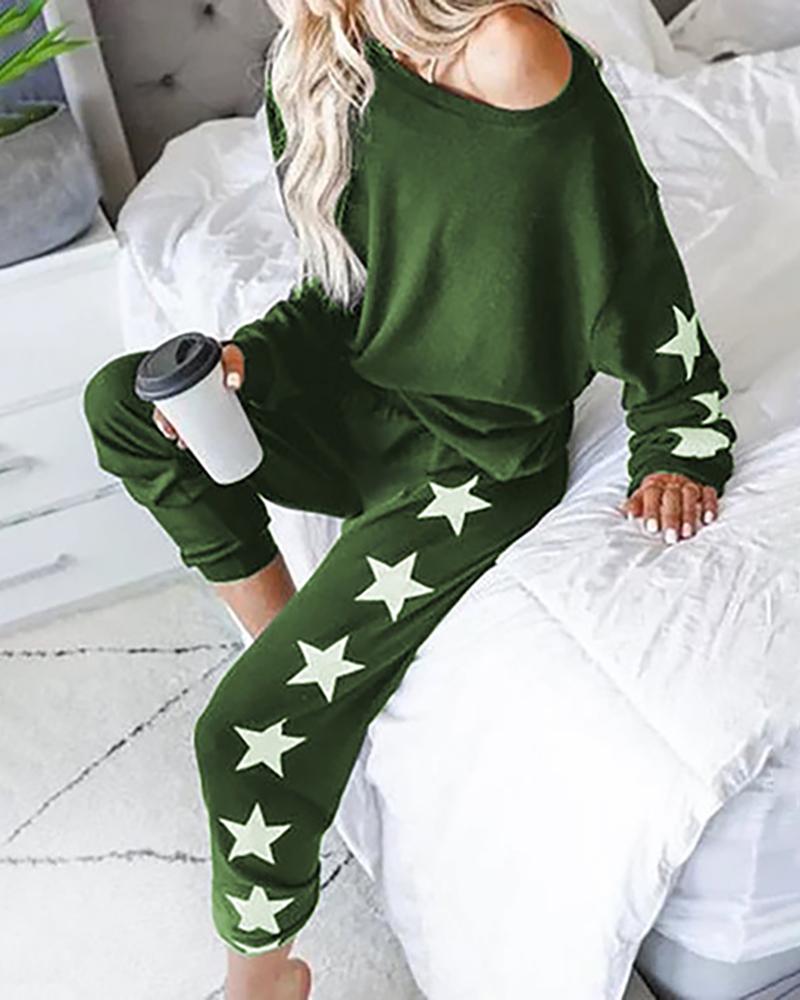 

Star Print Top & Pants Pajamas Sets, Green