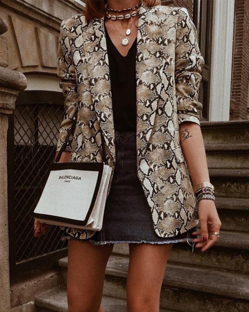 

Snakeskin Long Sleeve Open Front Blazer, Khaki