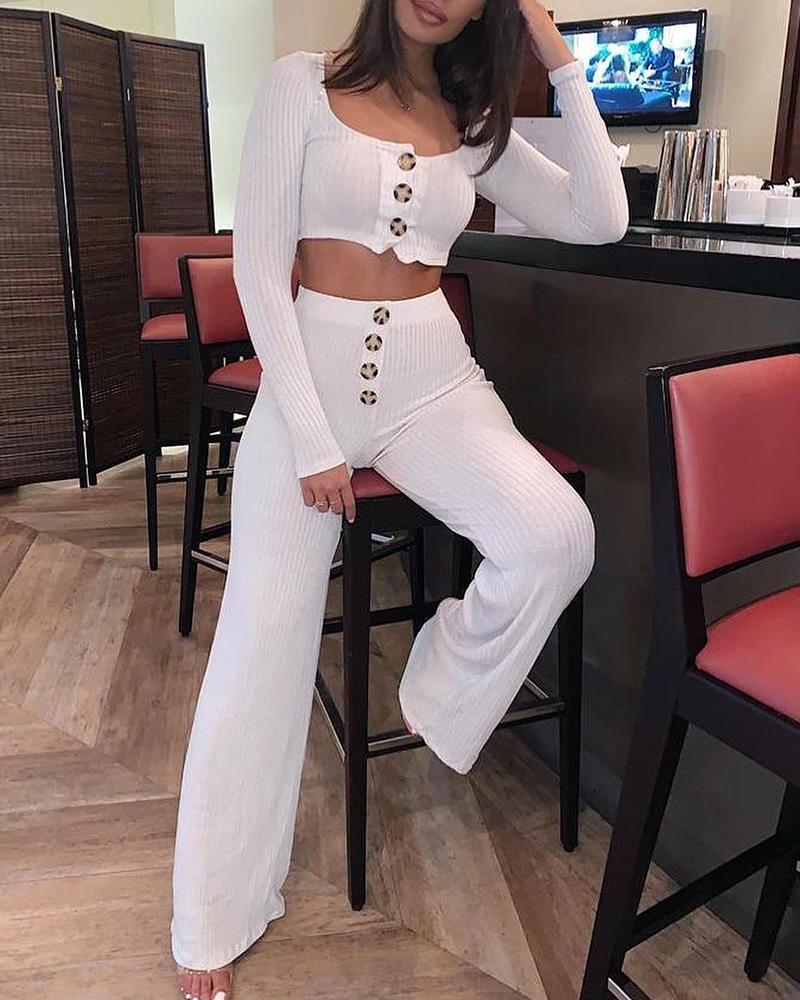 

Solid Buttoned Crop Top & Casual Pant Sets