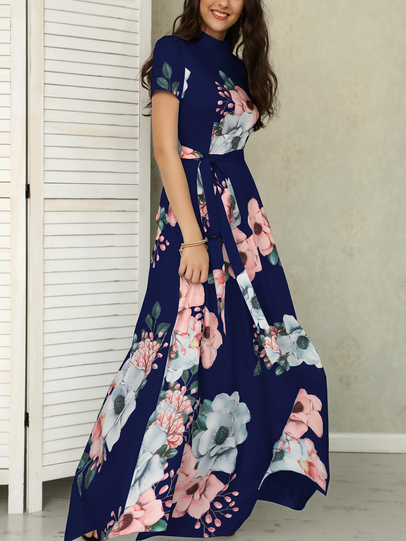 

Floral Print Short Sleeve Tie Waist Maxi Dress, Blue