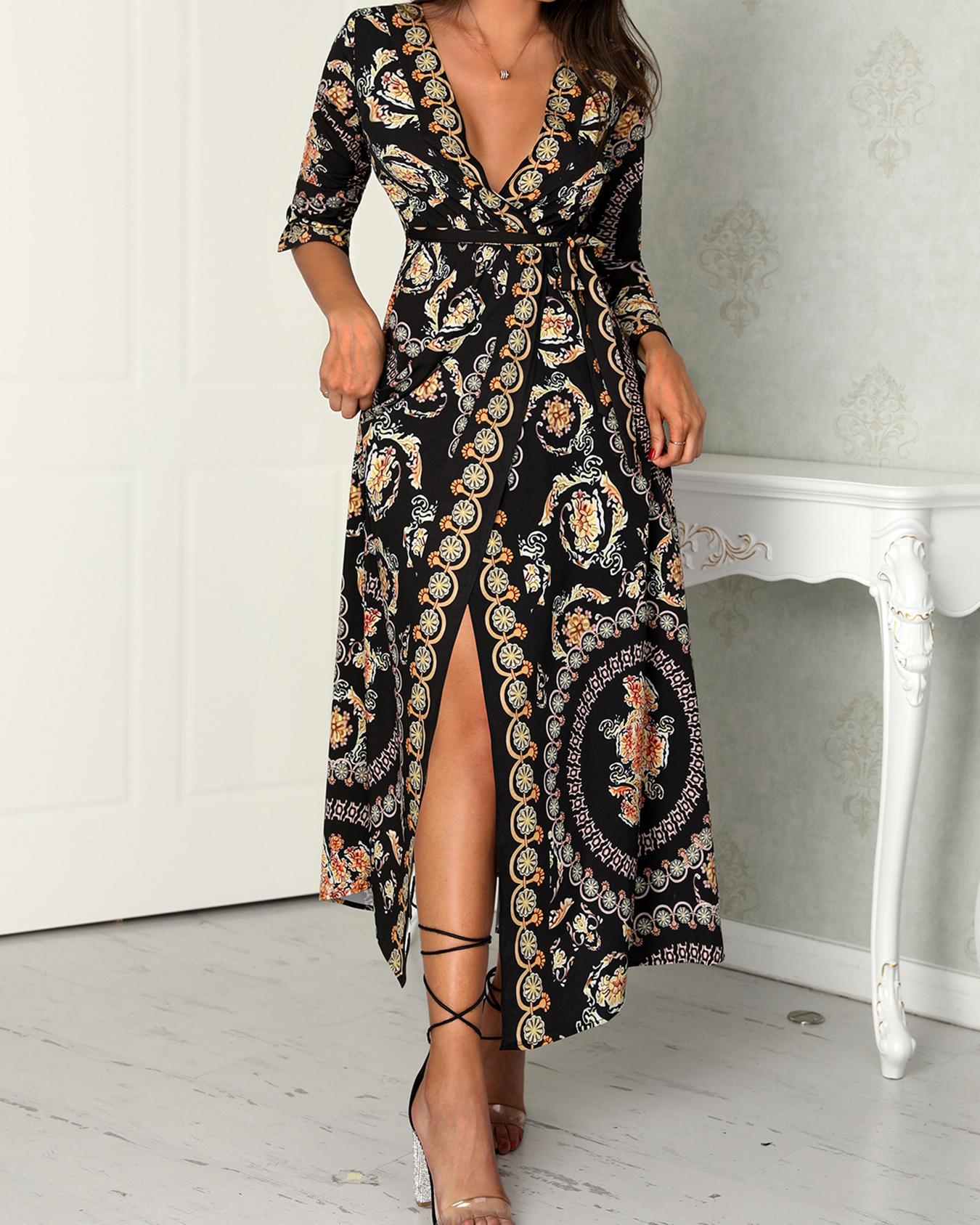 

Vintage Print Self Belted Wrap Slit Dress