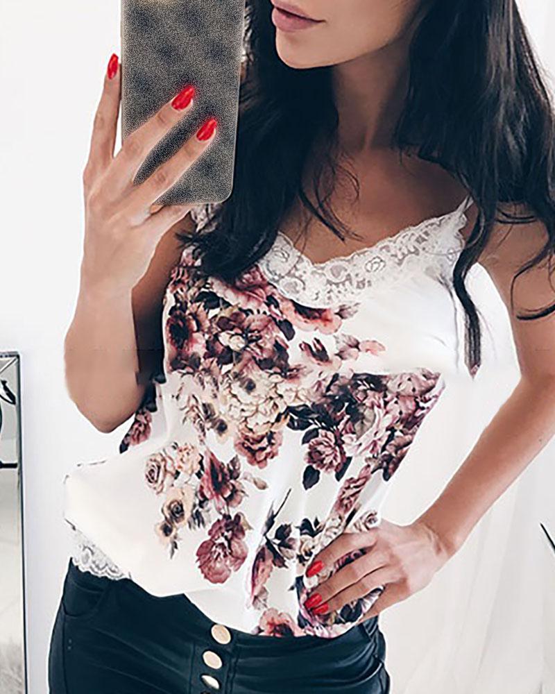

Floral Print Spaghetti Strap Lace Blouse, White