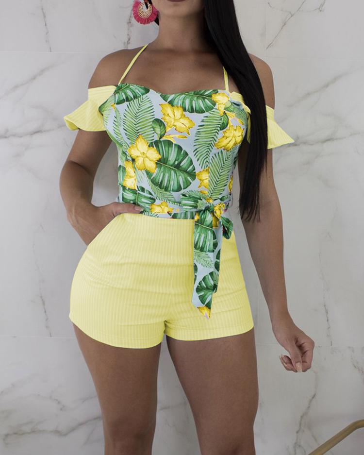 

Tropical Print Halter Belted Bardot Romper, Yellow