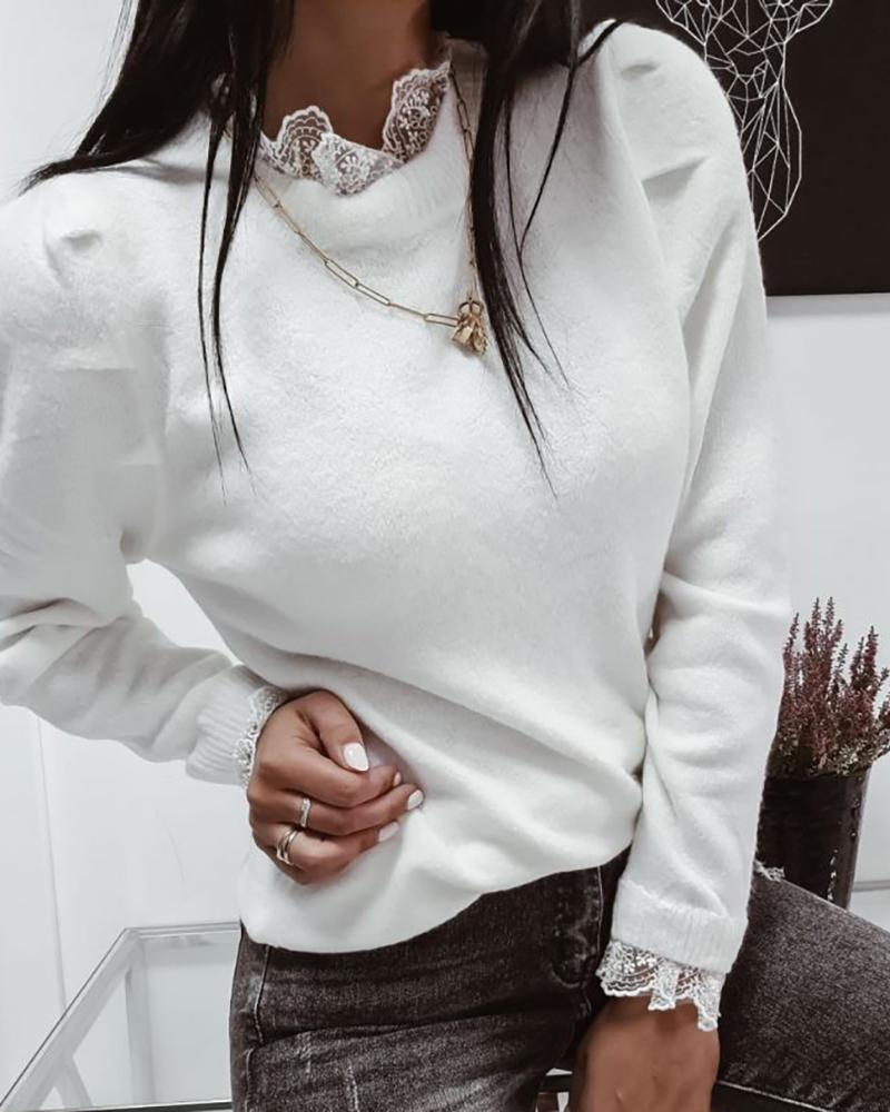 

Lace Trim Long Sleeve Casual Sweater, White