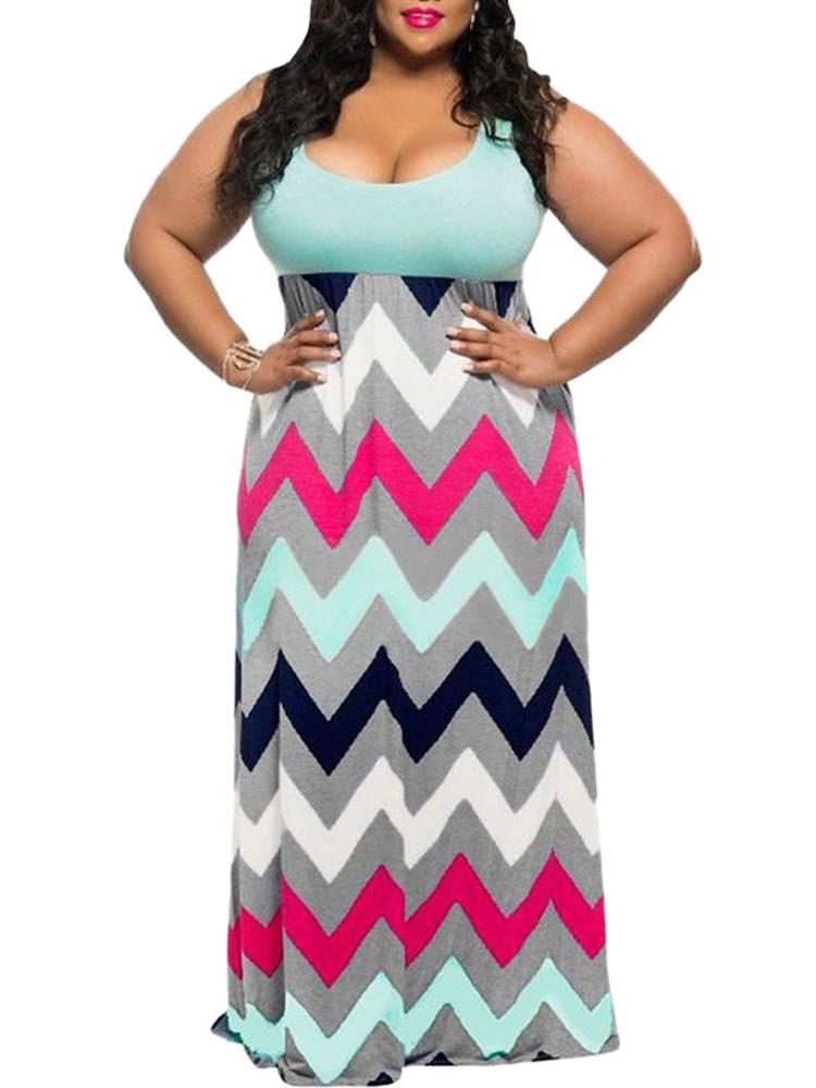 

Chevron Print Scoop Neck Patchwork Oversize Maxi Dress, Orange;green;hot pink