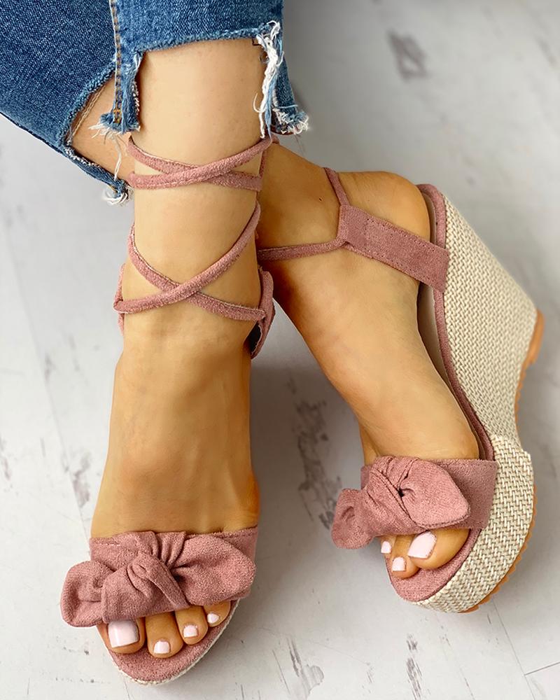 

Bowknot Lace-up Ankle Platform Wedge Sandals, Pink