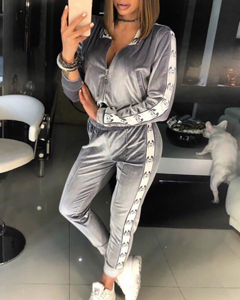 

Print Colorblock Tape Insert Zipper Jacket & Pants Sets, Gray