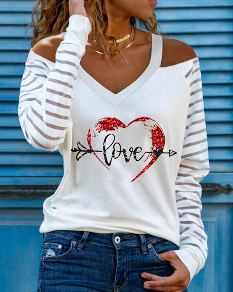 

Cold Shoulder Heart Print Mesh Long Sleeve Top, White