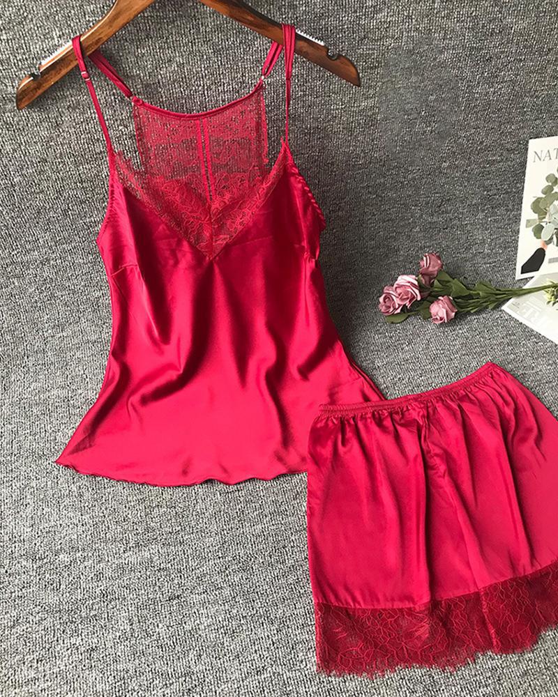 

Solid Spaghetti Strap Lace Trim Cami Sets, Red