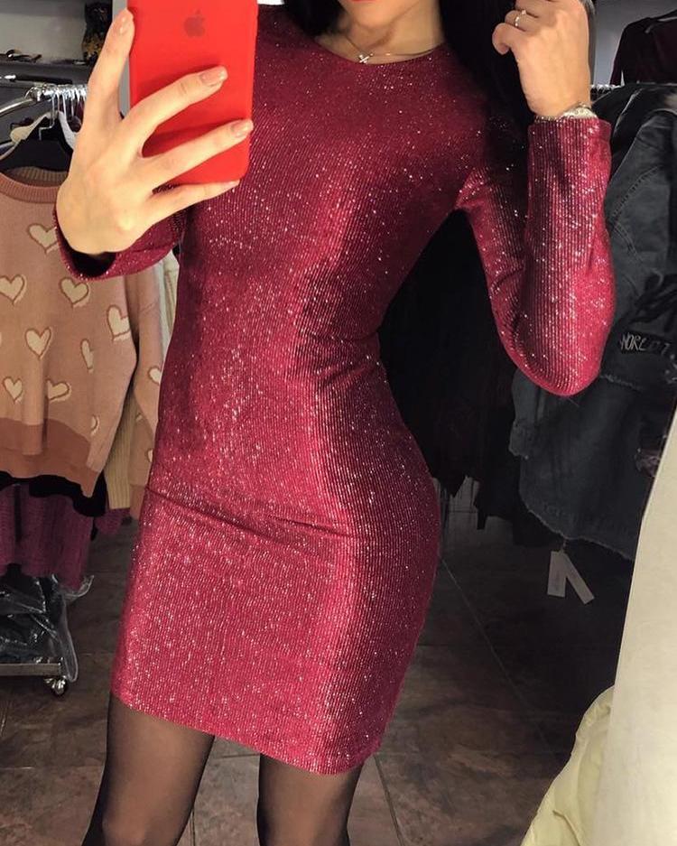 

Glitter Long Sleeve Bodycon Party Dress, Dark red