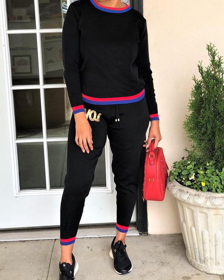 

Striped Tape Splicing Sweatshirt & Drawstring Pant Sets, Black