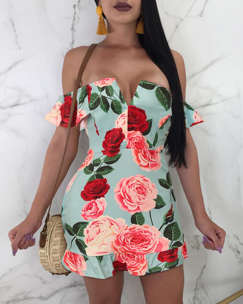 

Off Shoulder Floral Print Ruffles Dress