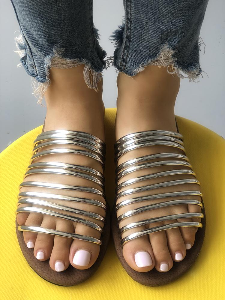 

Solid Shiny Multi-strap Peep Toe Sandals, Gold