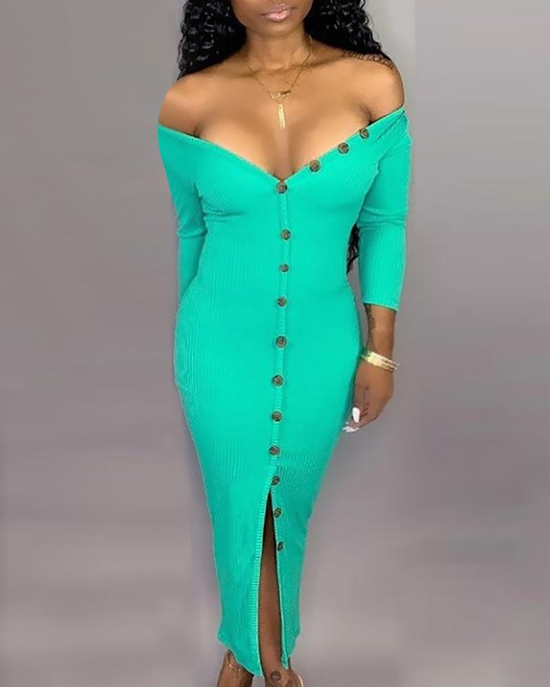 

V Neck Long Sleeve Button Design Dress, Green