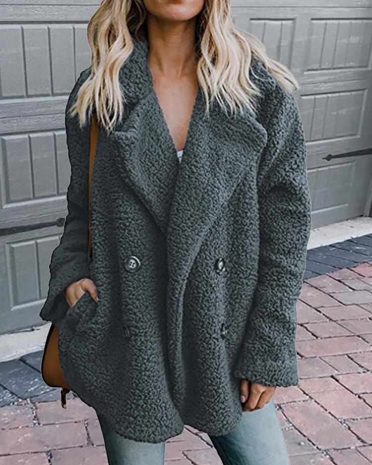 

Solid Fluffy Double-Breasted Pocket Design Coat, Dark grey