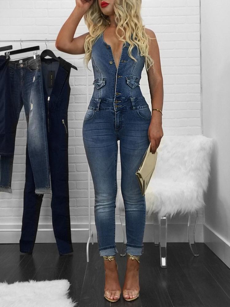 

V Neck Skinny Denim Sleeveless Jumpsuits