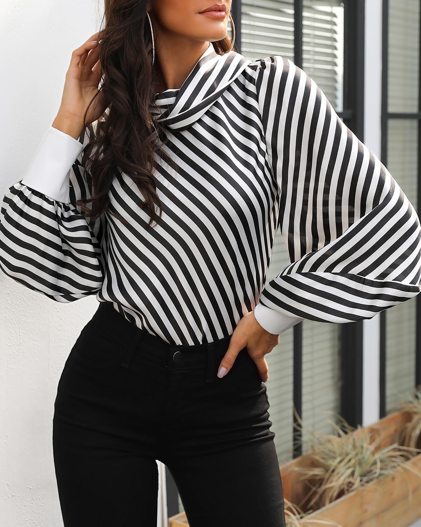 

Striped Lantern Sleeve Contrast Cuff Blouse, Black