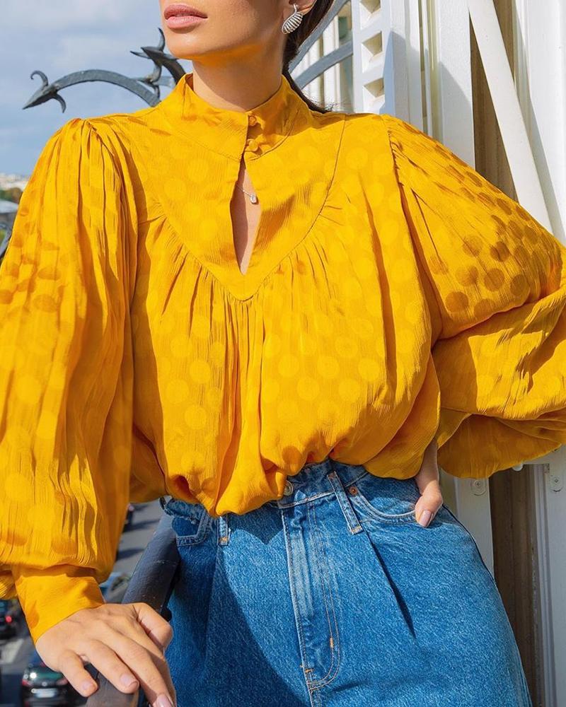 

Mock Neck Lantern Sleeve Keyhole Polka Dot Blouse, Yellow