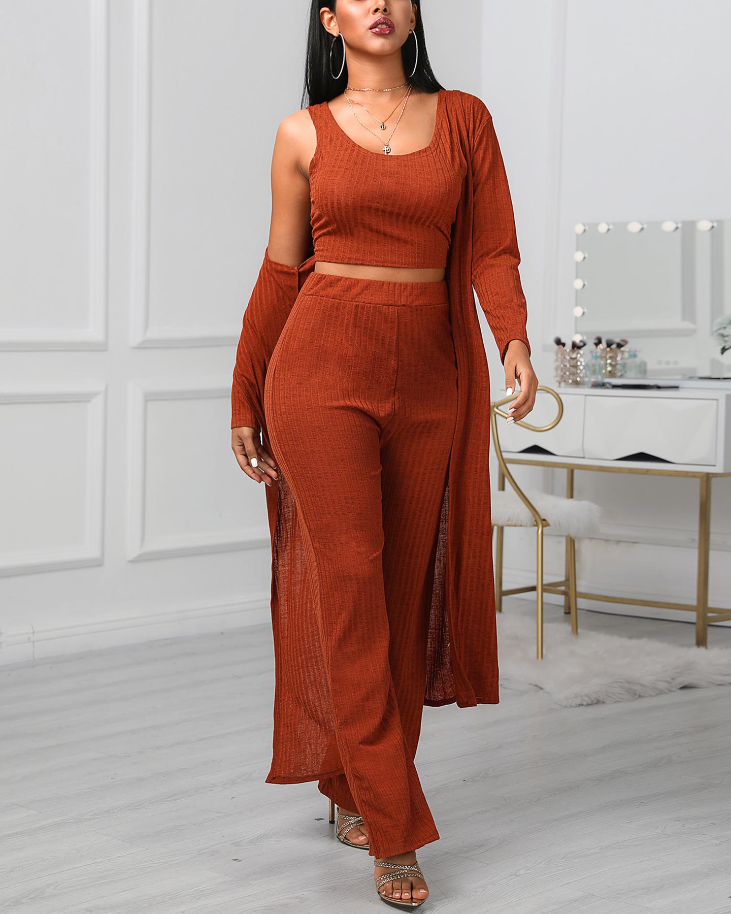 

Solid Ribbed Tank & Longline Coat & Wide Leg Pants Sets, Orange